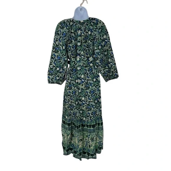 Tuckernuck NEW Batik Floral Lyles Green Blue Puff Sleeve Belted Midi Dress M - Picture 8 of 9